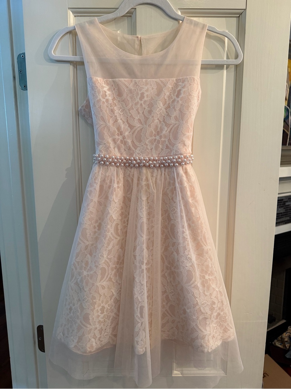 Rare Editions Blush Pink Lace Dress with Pearl Waistband Like New